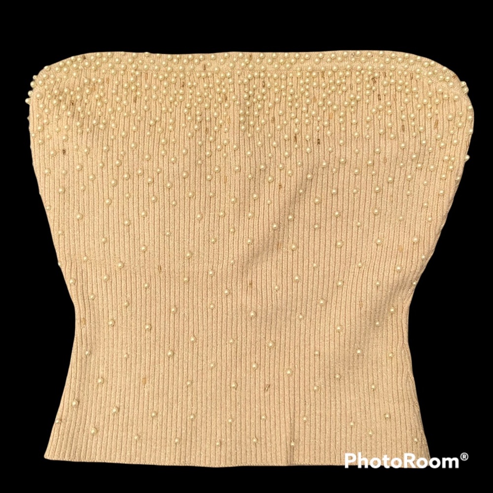 CACHE gold beaded strapless stretch holiday party evening cocktail top sz M!